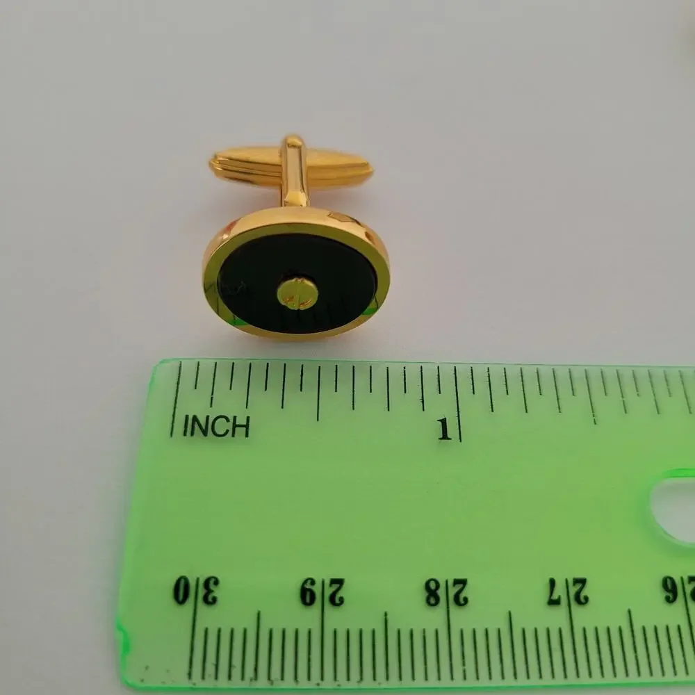 Dunhill Vintage Round Cufflinks Tie Clasp Clip Bar Set Black Onyx Gold Logo Box